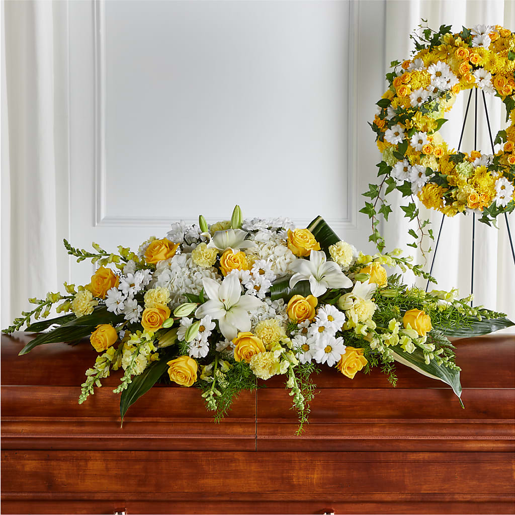 Golden Harmony Casket Spray – PIKE CREEK FLOWERS & GIFTS, Wilmington DE