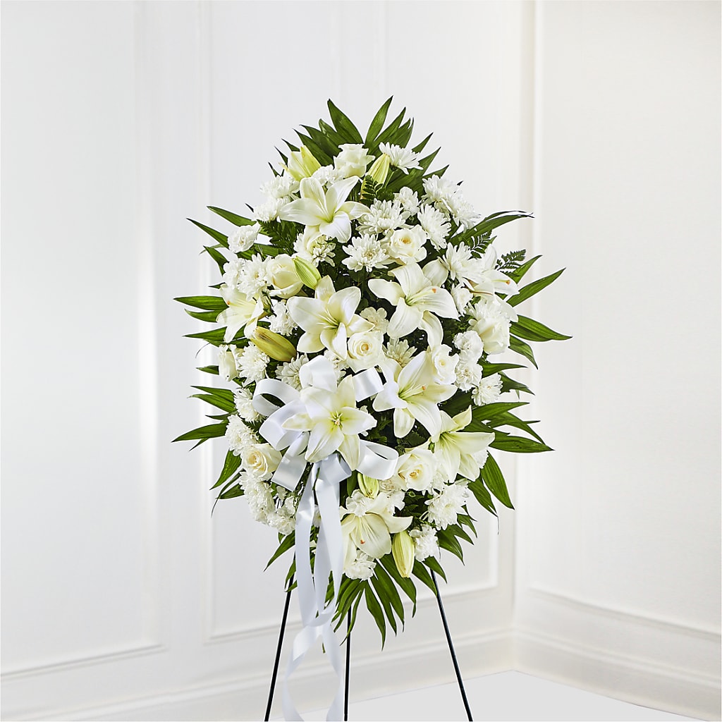 Exquisite Tribute Standing Spray-White Ribbon – PIKE CREEK FLOWERS & GIFTS, Wilmington DE