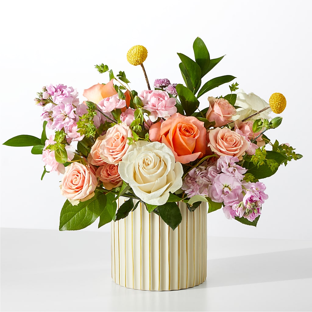 French Market Bouquet with Ivory Vase – lavender, orange, pink